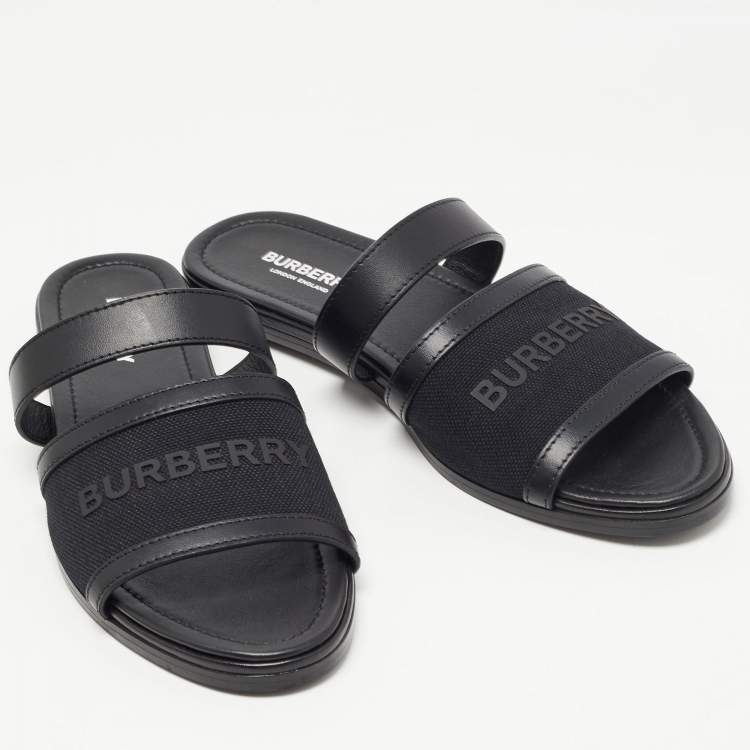 Pre Owned Burberry Black Canvas And Leather Flat Slides Size 38