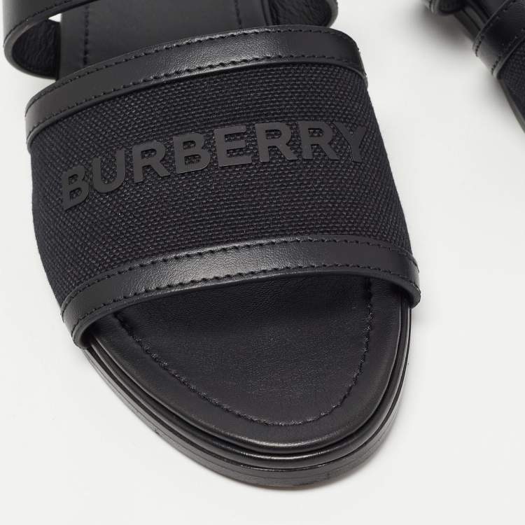 Pre Owned Burberry Black Canvas And Leather Flat Slides Size 38
