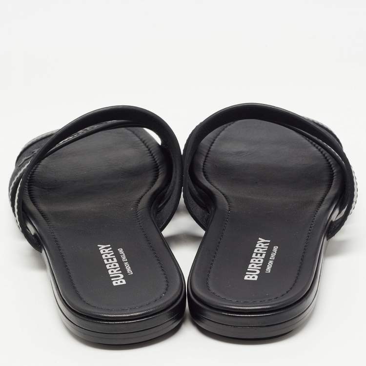 Pre Owned Burberry Black Canvas And Leather Flat Slides Size 38