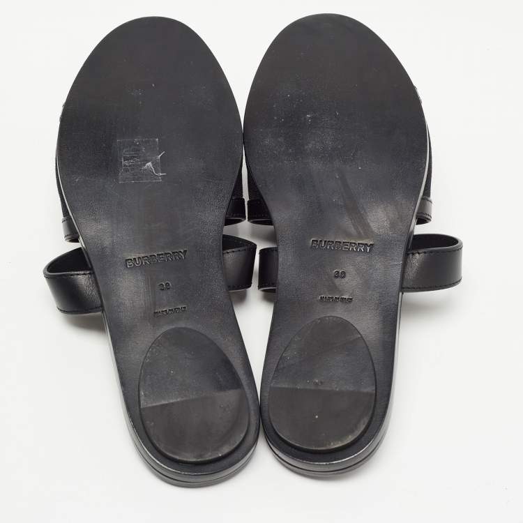 Pre Owned Burberry Black Canvas And Leather Flat Slides Size 38
