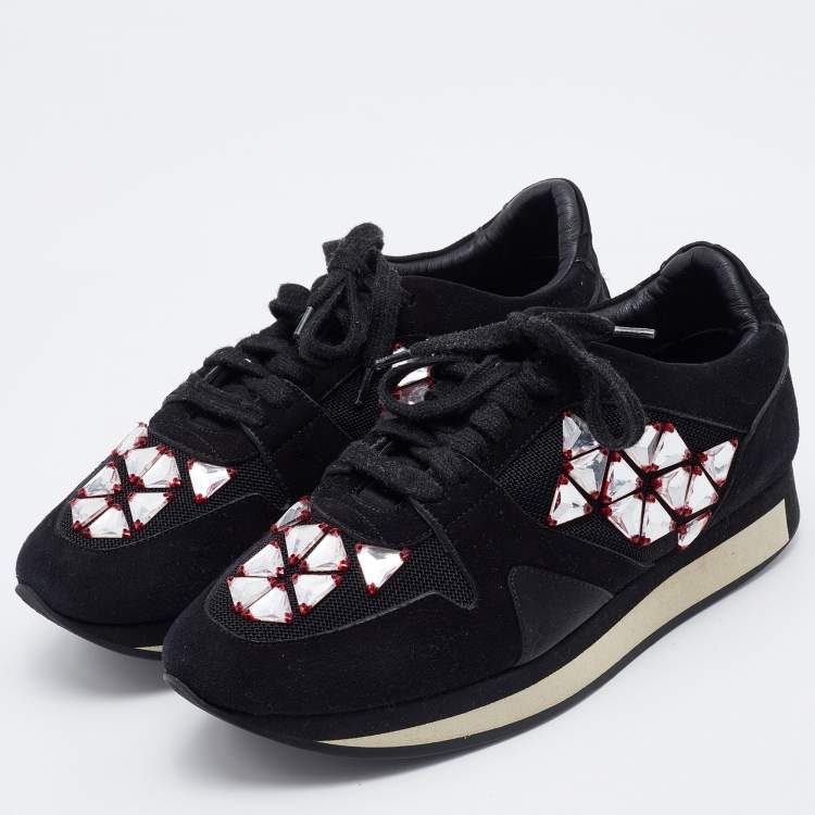 Pre Owned Burberry Black Suede and Mesh Embellished Low Top Sneakers Size 38.5