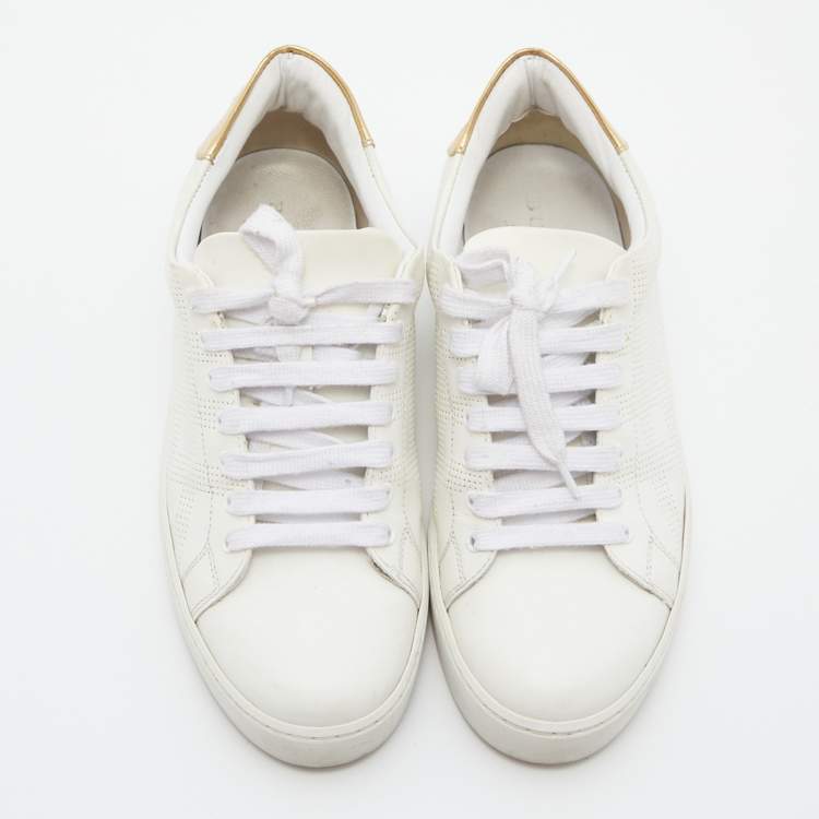 Pre Owned Burberry White/Gold Perforated Leather Westford Low Top Sneakers Size 36