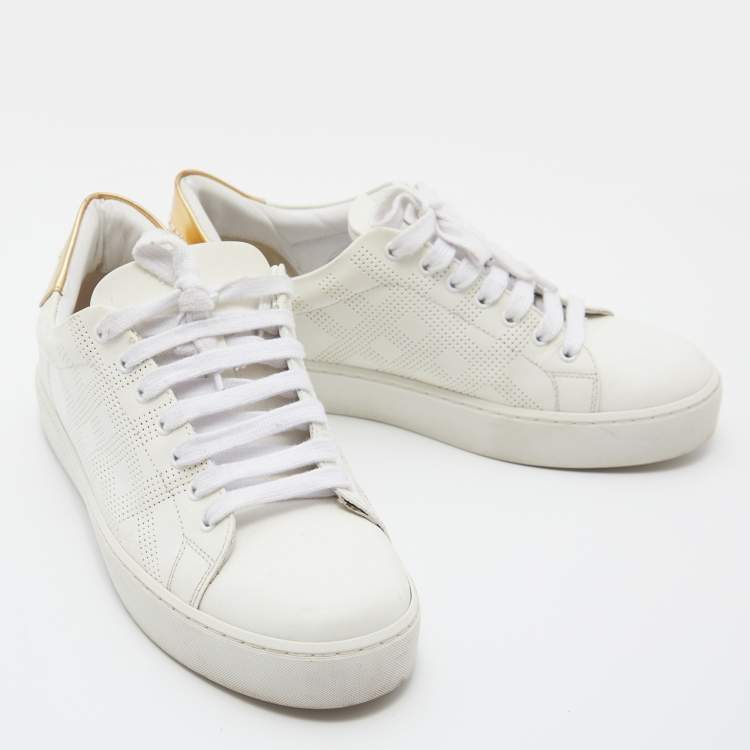 Pre Owned Burberry White/Gold Perforated Leather Westford Low Top Sneakers Size 36