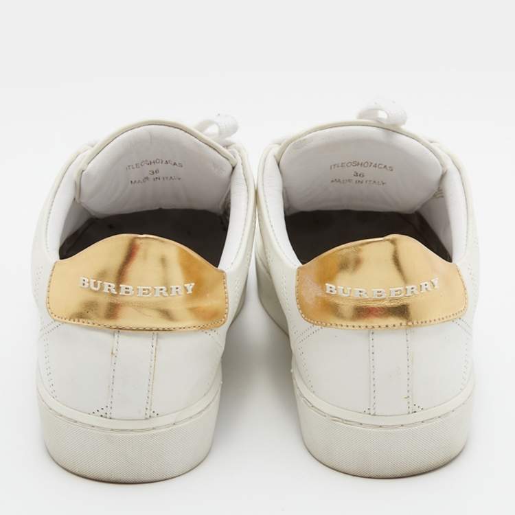 Pre Owned Burberry White/Gold Perforated Leather Westford Low Top Sneakers Size 36