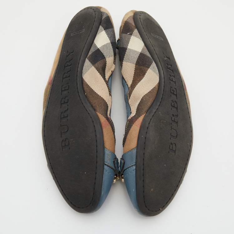 Pre Owned Burberry Brown/Blue Nova Check Canvas and Leather Scrunch Ballet Flats Size 38