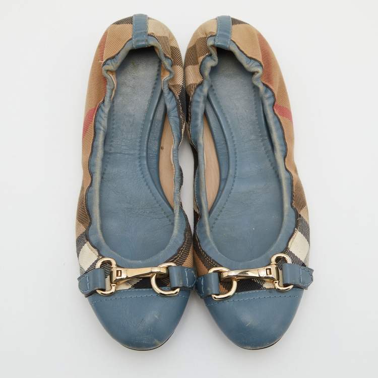 Pre Owned Burberry Brown/Blue Nova Check Canvas and Leather Scrunch Ballet Flats Size 38