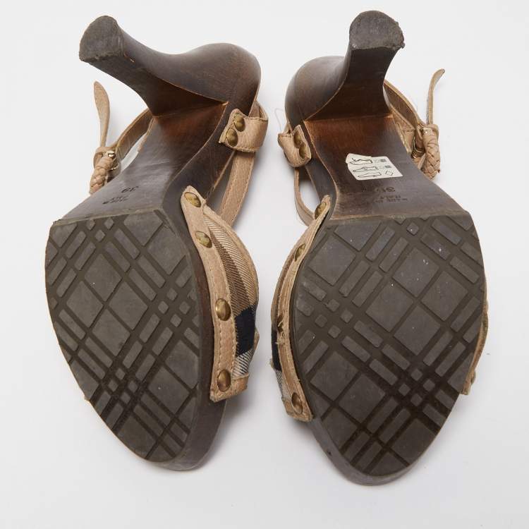 Pre Owned Burberry Beige Nova Check Canvas and Leather Ankle Strap Clog Sandals Size 39