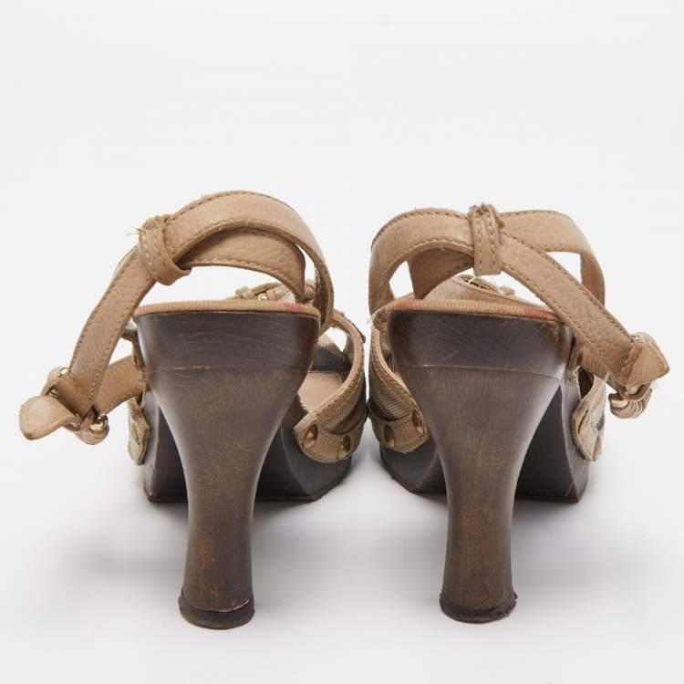 Pre Owned Burberry Beige Nova Check Canvas and Leather Ankle Strap Clog Sandals Size 39