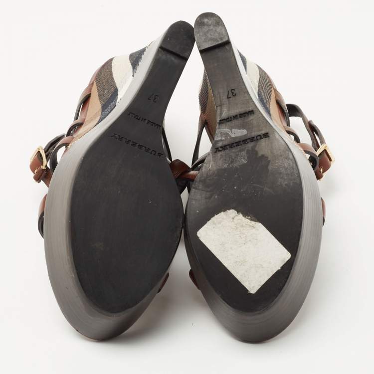 Pre Owned Burberry Brown Leather and Nova Check Wedge Platform Ankle Strap Sandals 37