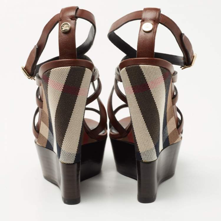 Pre Owned Burberry Brown Leather and Nova Check Wedge Platform Ankle Strap Sandals 37