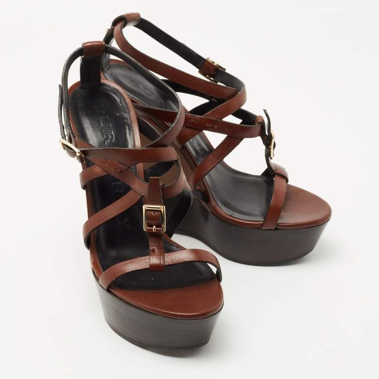 Pre Owned Burberry Brown Leather and Nova Check Wedge Platform Ankle Strap Sandals 37