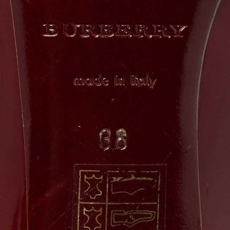 Pre Owned Burberry Burgundy Canvas and Patent Leather Buckle Peep Toe Pumps Size 38
