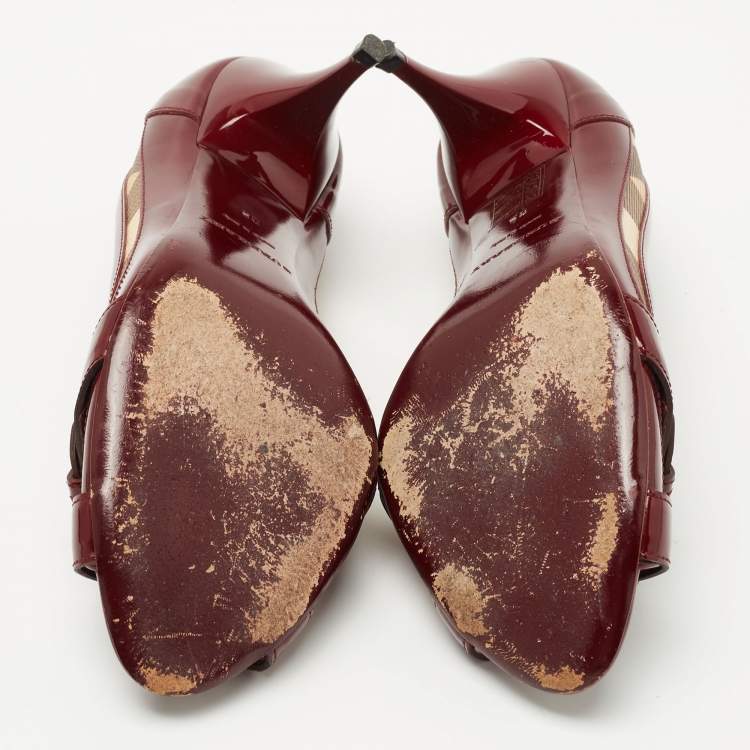 Pre Owned Burberry Burgundy Canvas and Patent Leather Buckle Peep Toe Pumps Size 38