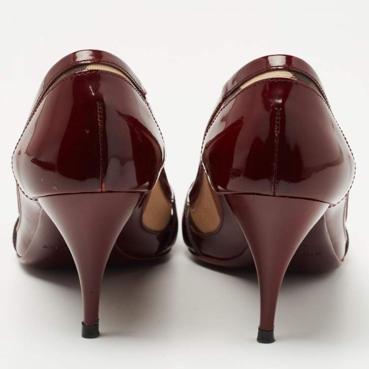 Pre Owned Burberry Burgundy Canvas and Patent Leather Buckle Peep Toe Pumps Size 38