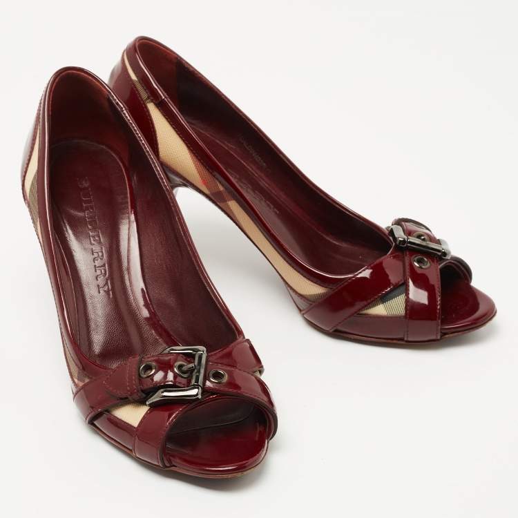 Pre Owned Burberry Burgundy Canvas and Patent Leather Buckle Peep Toe Pumps Size 38