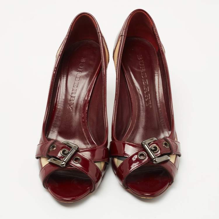 Pre Owned Burberry Burgundy Canvas and Patent Leather Buckle Peep Toe Pumps Size 38