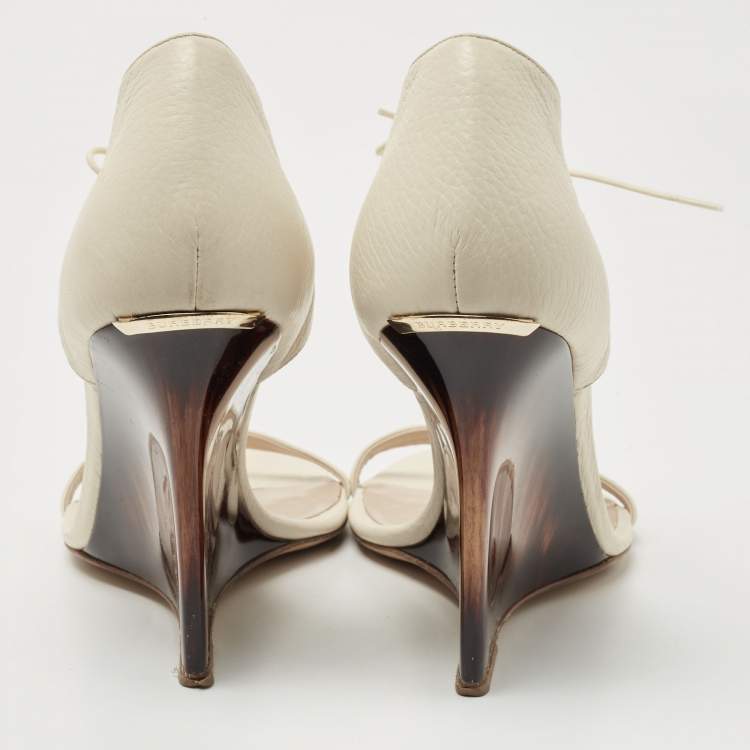 Pre Owned Burberry Cream Leather Noorwood Wedge Sandals Size 40