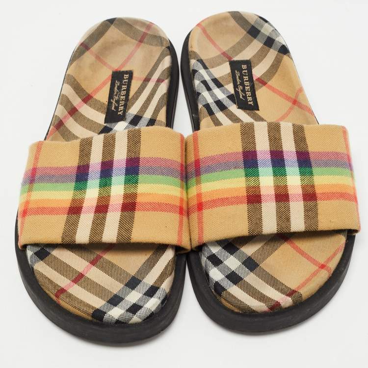 Pre Owned Burberry Beige Vintage Rainbow Check Canvas Ashmore Slides Size 38