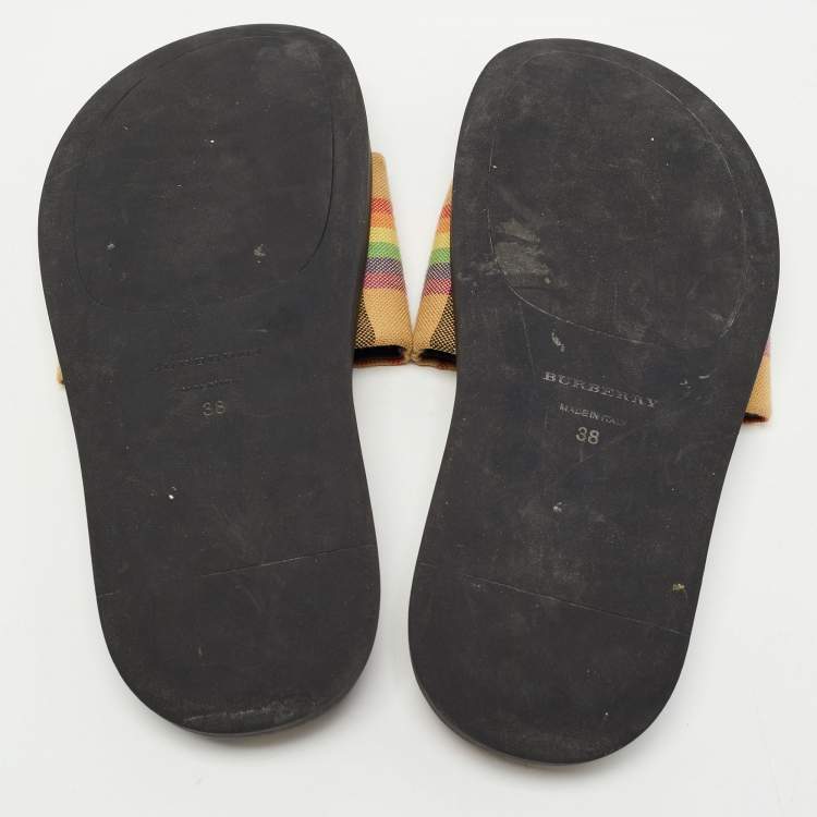 Pre Owned Burberry Beige Vintage Rainbow Check Canvas Ashmore Slides Size 38