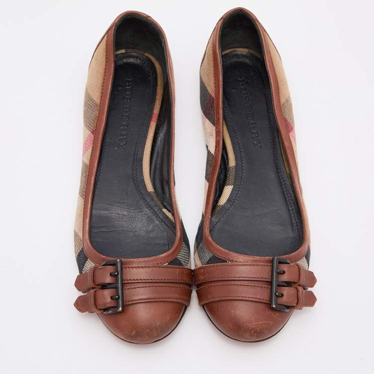 Pre Owned Burberry Beige/Tan Nova Check Canvas and Leather Buckle Ballet Flats Size 38