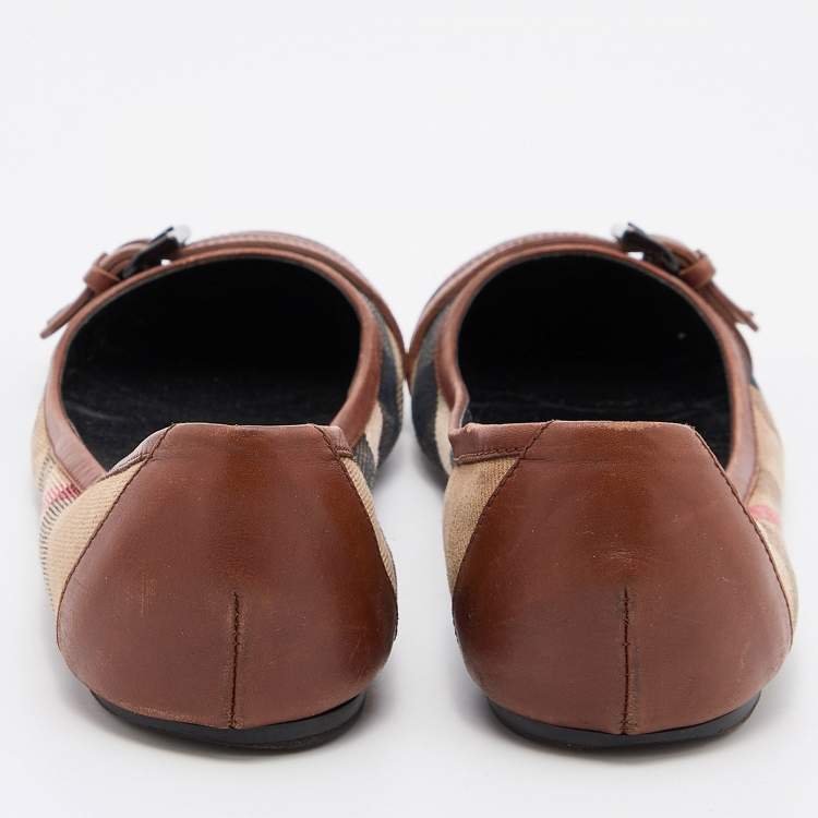 Pre Owned Burberry Beige/Tan Nova Check Canvas and Leather Buckle Ballet Flats Size 38