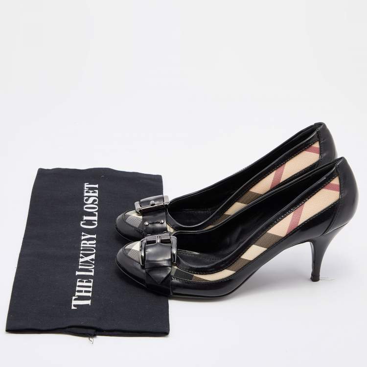 Pre Owned Burberry Black Monogram Canvas And Leather Buckle Detail Around Toe Pumps Size 39