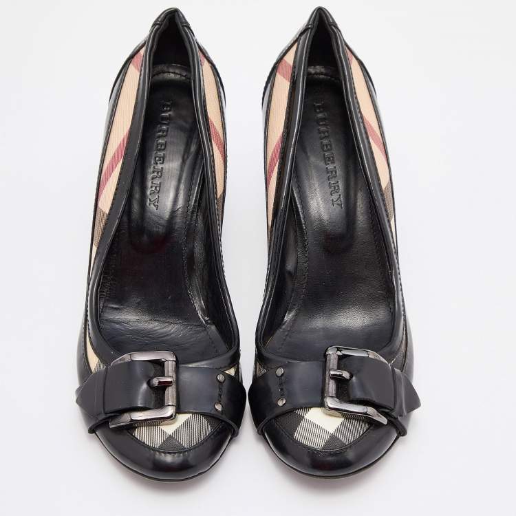 Pre Owned Burberry Black Monogram Canvas And Leather Buckle Detail Around Toe Pumps Size 39