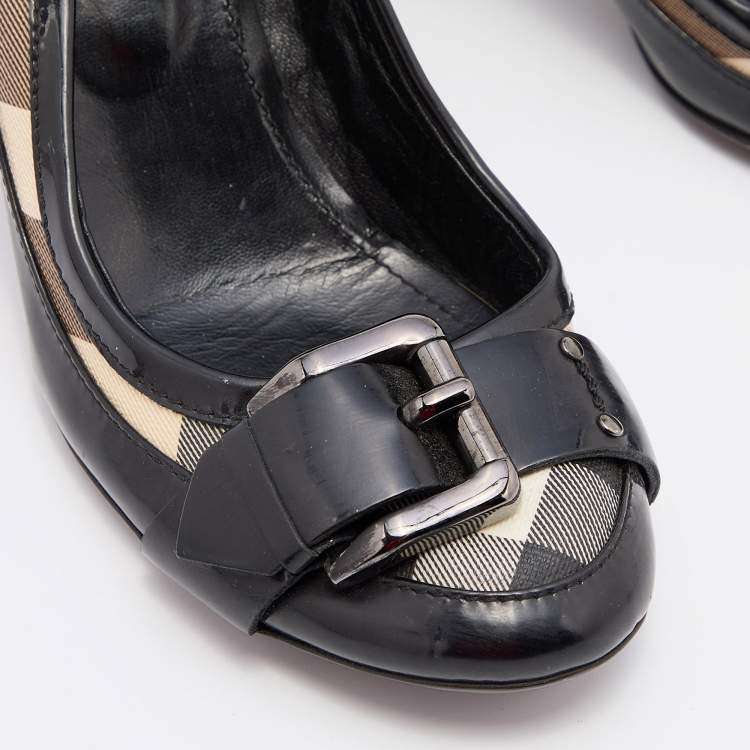 Pre Owned Burberry Black Monogram Canvas And Leather Buckle Detail Around Toe Pumps Size 39