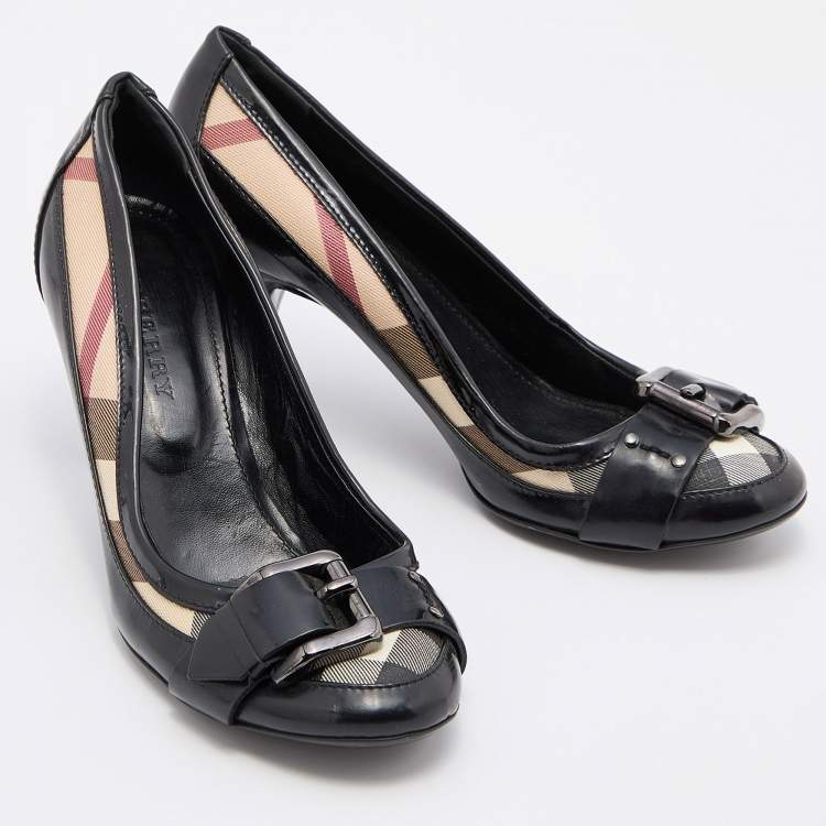 Pre Owned Burberry Black Monogram Canvas And Leather Buckle Detail Around Toe Pumps Size 39
