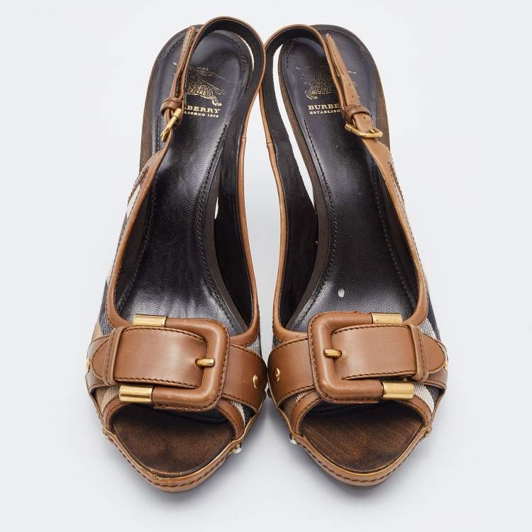 Pre Owned Burberry Brown Leather and Canvas Housecheck Buckle Studded Slingback Sandals Size 40