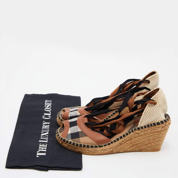 Pre Owned Burberry Brown House Check Canvas and Leather Strappy Espadrille Wedge Sandals Size 39