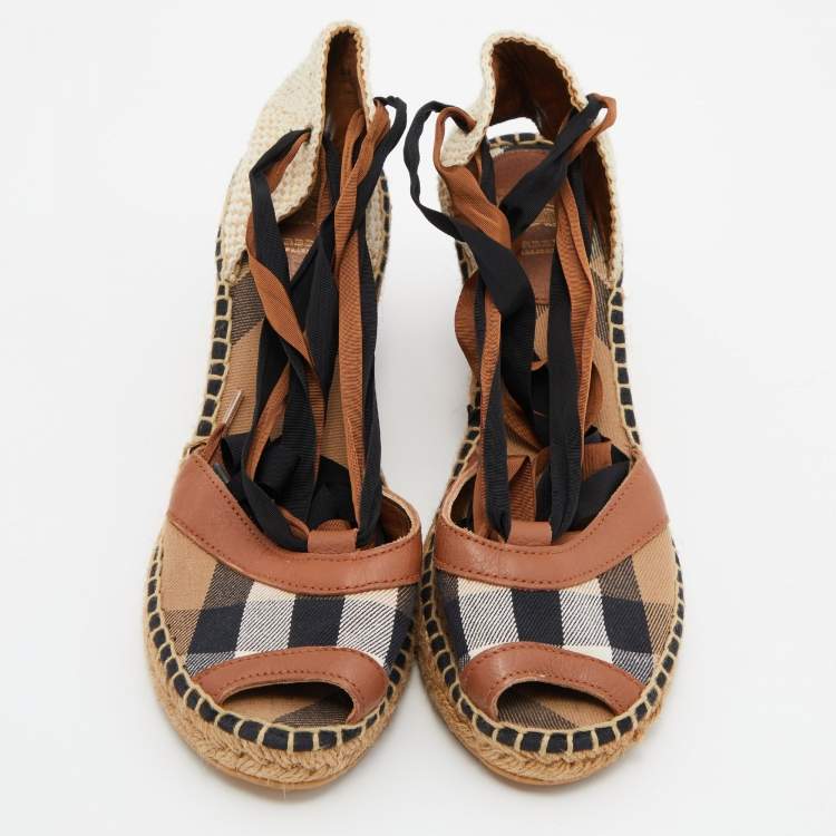 Pre Owned Burberry Brown House Check Canvas and Leather Strappy Espadrille Wedge Sandals Size 39