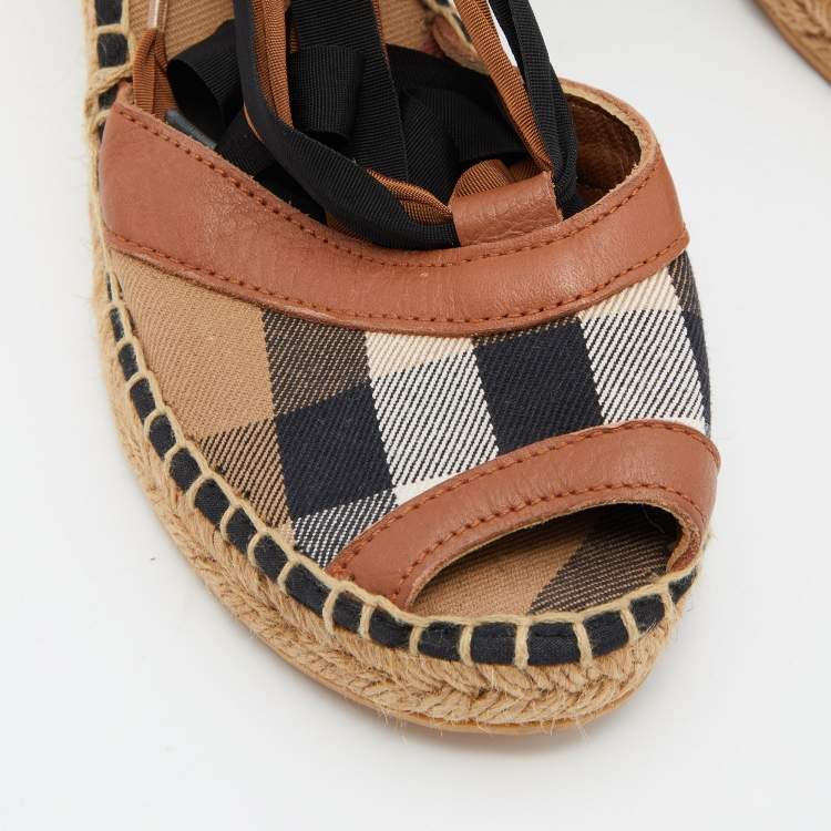Pre Owned Burberry Brown House Check Canvas and Leather Strappy Espadrille Wedge Sandals Size 39