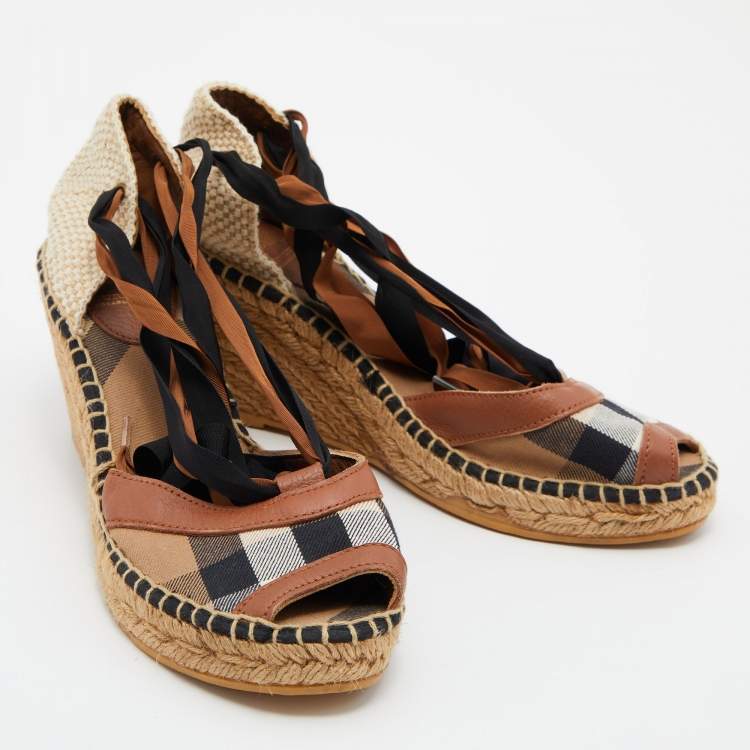 Pre Owned Burberry Brown House Check Canvas and Leather Strappy Espadrille Wedge Sandals Size 39