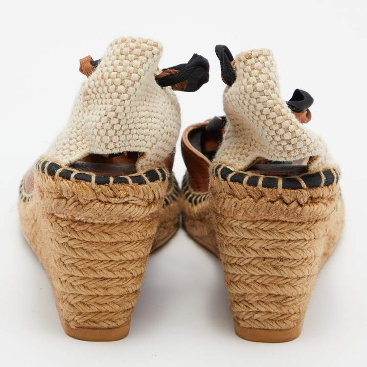 Pre Owned Burberry Brown House Check Canvas and Leather Strappy Espadrille Wedge Sandals Size 39