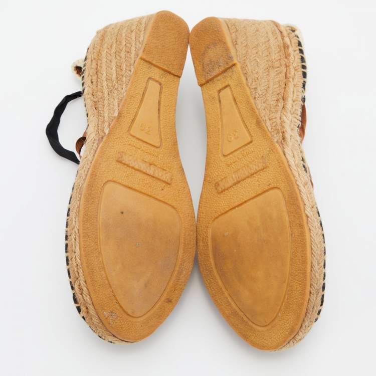 Pre Owned Burberry Brown House Check Canvas and Leather Strappy Espadrille Wedge Sandals Size 39