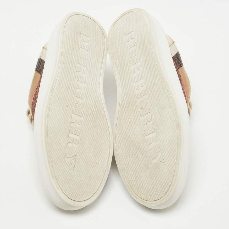 Pre Owned Burberry Beige/Rose Gold House Check Canvas and Suede Salmond Sequins Low Top Sneakers Size 37.5