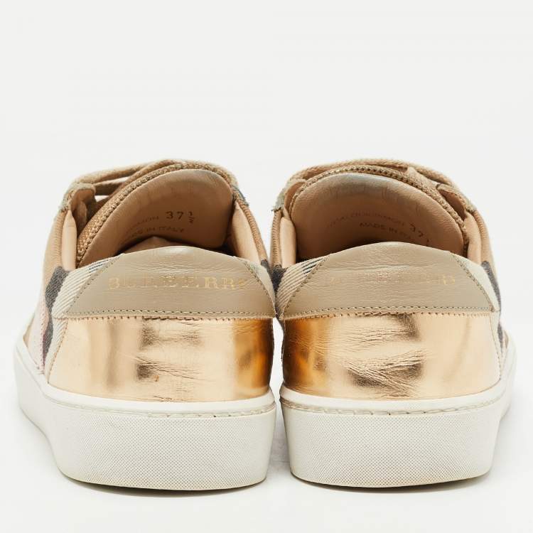 Pre Owned Burberry Beige/Rose Gold House Check Canvas and Suede Salmond Sequins Low Top Sneakers Size 37.5