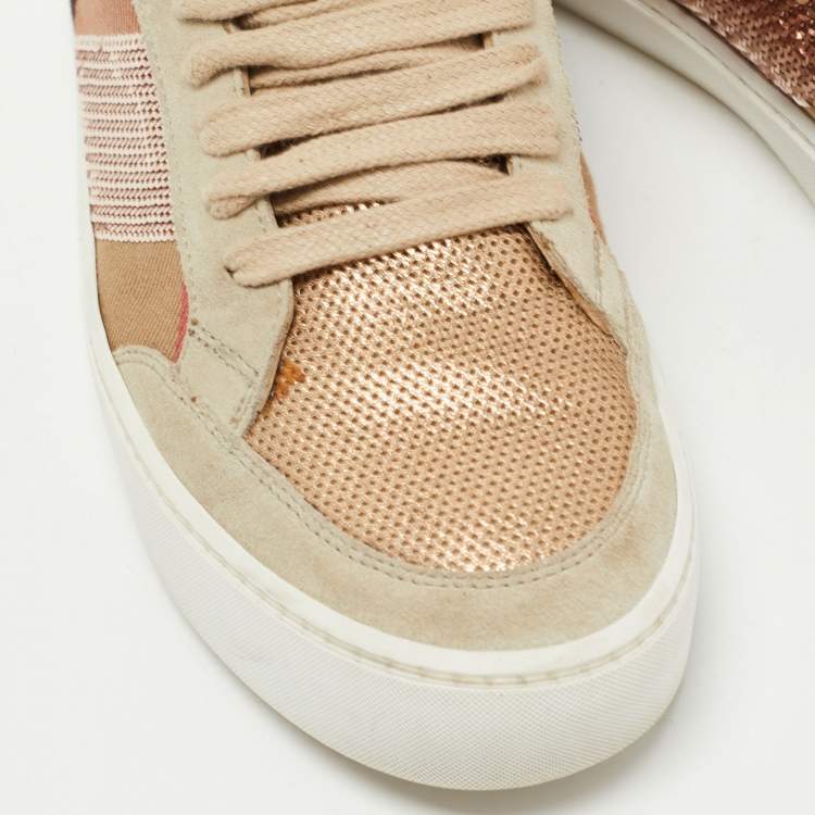 Pre Owned Burberry Beige/Rose Gold House Check Canvas and Suede Salmond Sequins Low Top Sneakers Size 37.5