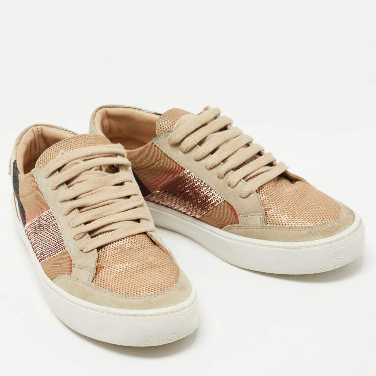 Pre Owned Burberry Beige/Rose Gold House Check Canvas and Suede Salmond Sequins Low Top Sneakers Size 37.5
