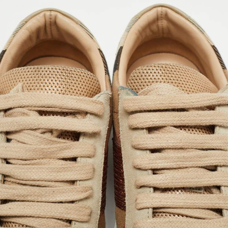 Pre Owned Burberry Beige/Rose Gold House Check Canvas and Suede Salmond Sequins Low Top Sneakers Size 37.5