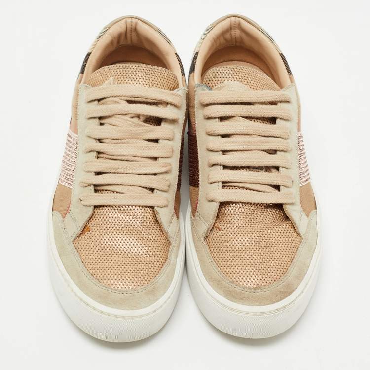 Pre Owned Burberry Beige/Rose Gold House Check Canvas and Suede Salmond Sequins Low Top Sneakers Size 37.5