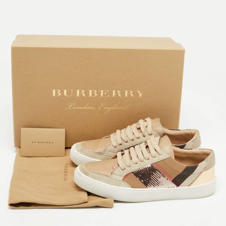 Pre Owned Burberry Beige/Rose Gold House Check Canvas and Suede Salmond Sequins Low Top Sneakers Size 37.5
