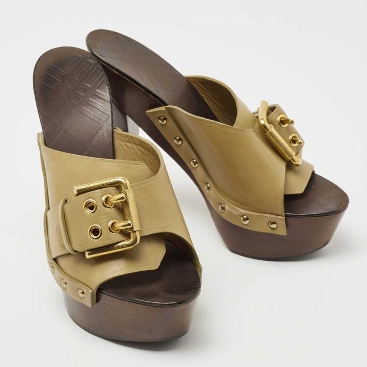 Pre Owned Burberry Olive Green Leather Buckle Platform Clogs Size 38