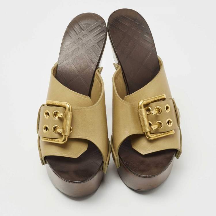 Pre Owned Burberry Olive Green Leather Buckle Platform Clogs Size 38