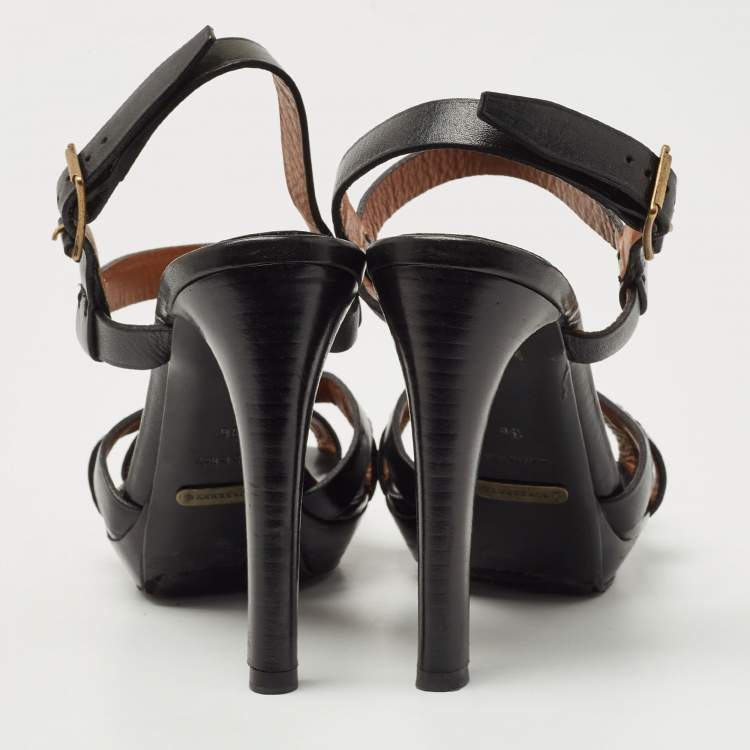 Pre Owned Burberry Black Leather Platform Ankle Strap Sandals Size 36