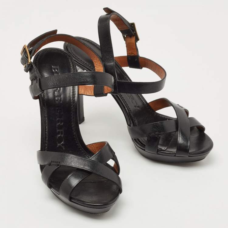 Pre Owned Burberry Black Leather Platform Ankle Strap Sandals Size 36