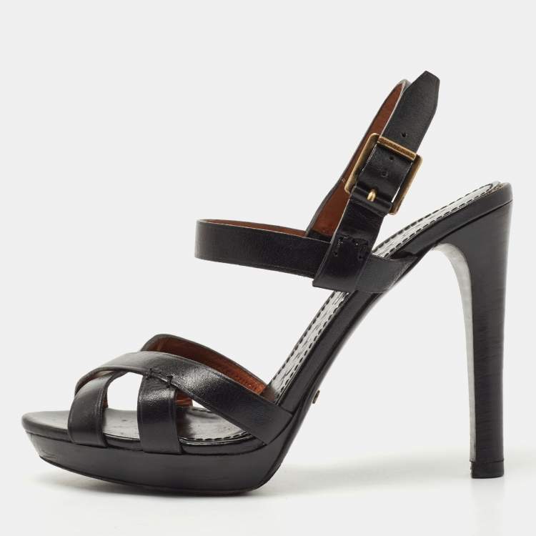 Pre Owned Burberry Black Leather Platform Ankle Strap Sandals Size 36