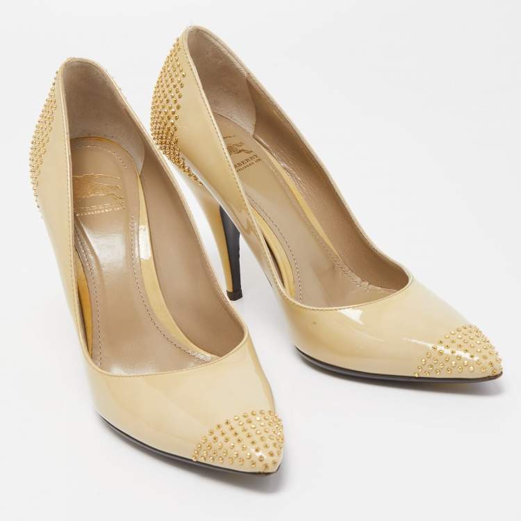 Pre Owned Burberry Beige Patent Leather Studded Pointed Toe Pumps Size 38
