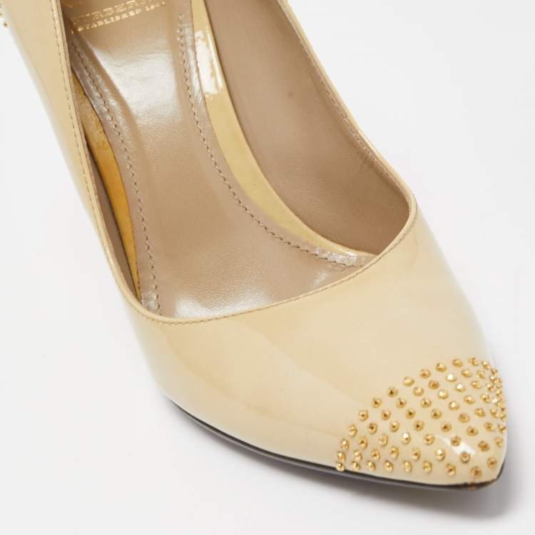 Pre Owned Burberry Beige Patent Leather Studded Pointed Toe Pumps Size 38